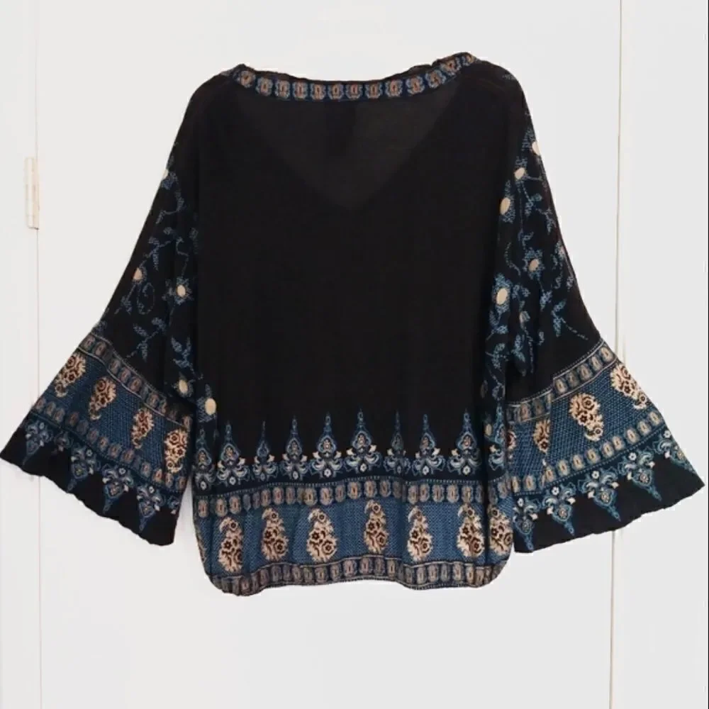 Free People Black & Gold Medallion Wide Sleeve Peasant Blouse